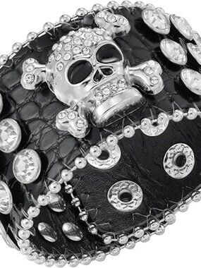 Skull Bracelet Goth Punk Emo Wide Black Leather Wristband Unisex